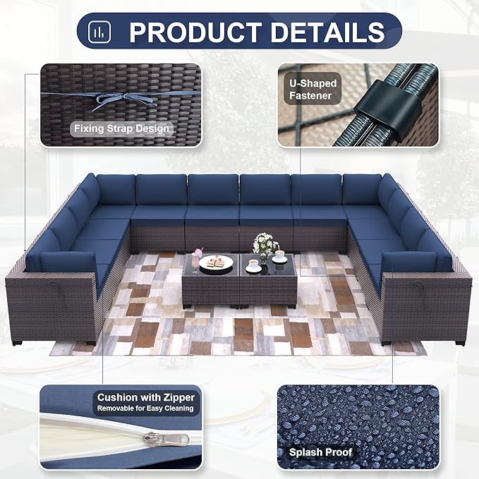 Patio Furniture Set 14-Piece Outdoor Furniture for Backyard Wicker Sectional Sofa Set, PE Rattan Patio Conversation Set 12 Seat with 4 Inch Thickened Cushions and Glass Coffee Tables, Navy Blue