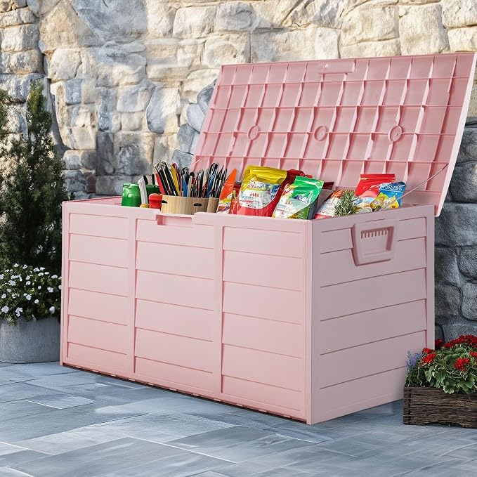 75-Gallon Outdoor Storage Bench with Wheels, Heavy-Duty Waterproof Deck Box for Patio, Garden, and Pool Organization (All pink)