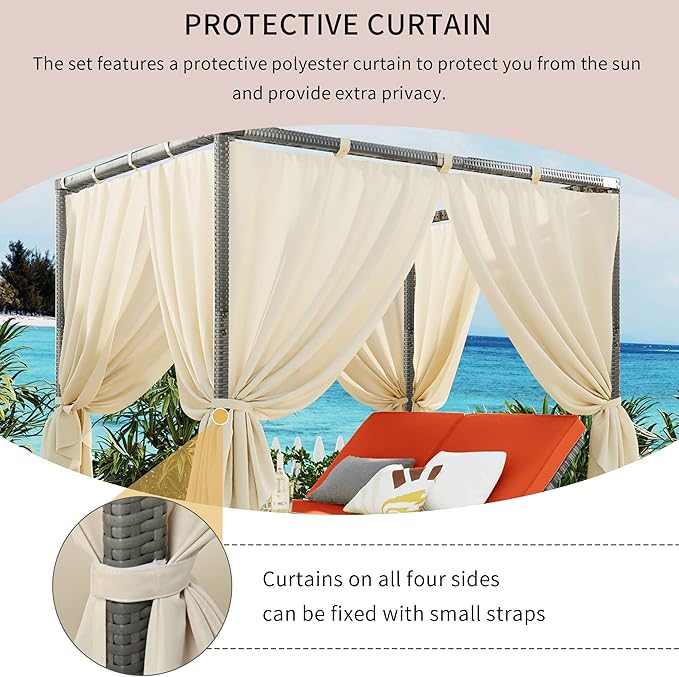 KEVINSPACE Outdoor Daybed with Curtain Canopy Bed Patio Furniture Adjustable Sunbed Set All-Weather Rattan Sun Lounger Patio Wicker Sofa Set Patio Conversation Set Curtains for Garden Yard Orange
