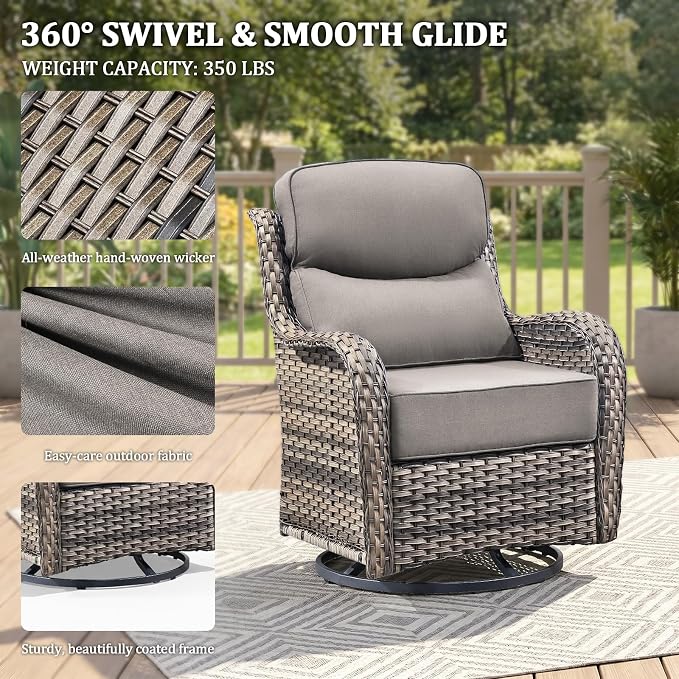 Luxury Swivel Rocker Chairs Set with 6" Thick Cushion 5 piece Wicker Outdoor Swivel Rocker Patio Chair with Ottoman High Back Comfortable Outdoor Patio Furniture Set - Gery | Gery