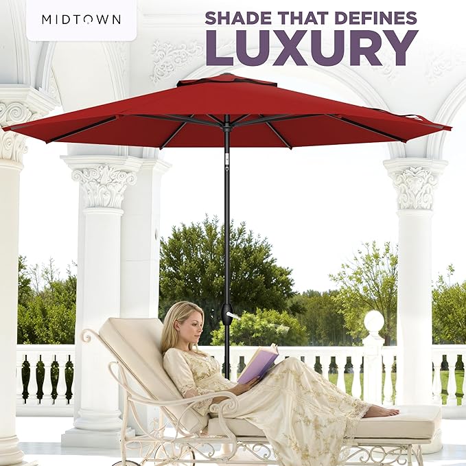 Midtown Umbrellas - The Lean 9 Ft Patio Umbrella with Fade-Resistant Sunbrella Fabric, Auto-Tilt Aluminum Frame and 8 Reinforced Ribs for Deck, Pool & Garden - Red Canopy, Black Pole