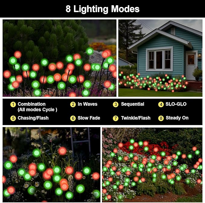 Solar Firefly Lights Outdoor, 8 Modes Red and Green Swaying Firefly Solar Garden Lights Waterproof for Outside Christmas Holiday Yard Patio Pathway Landscape Garden Decor(Red & Green 4 Pack)