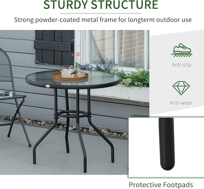 Outsunny 31.5" Round Outdoor Dining Table with Umbrella Hole, Patio Coffee End Side Bistro Table with Tempered Glass Top, Steel Frame for Backyard, Garden, Black