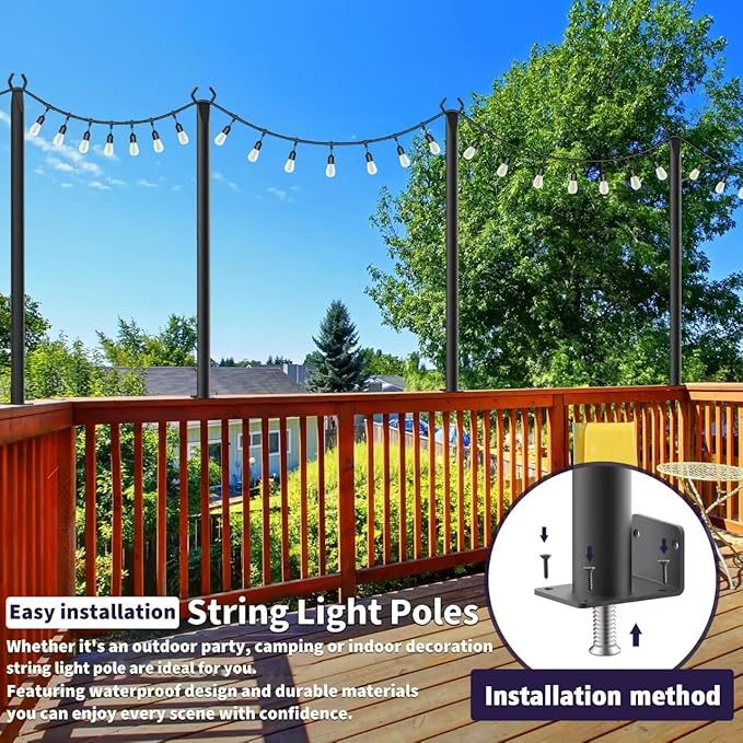 AHRLHR 5 Ft String Light Poles 8 Pack, String Light Poles for Outside with Fixing Clips,Hanging Light Poles for Deck Fence Garden Backyard Wall Bistro,Metal Poles for Outdoor String Lights