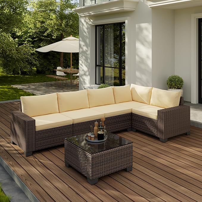 Gizoon 6-Piece Outdoor Patio Furniture Set, PE Wicker Rattan Sectional Sofa Conversation Set with Thickened Cushions, Coffee Table, All-Weather Patio Furniture for Garden, Backyard, Poolside, Beige