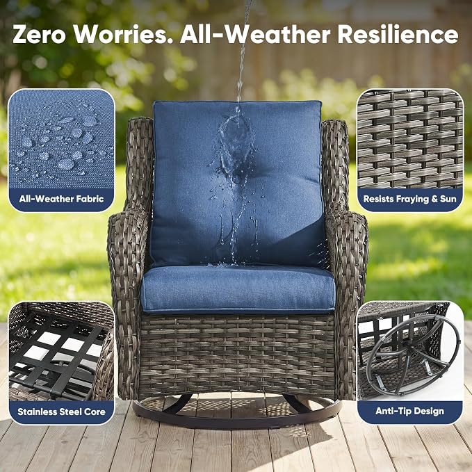 Belord Outdoor Swivel Chairs Set of 2,Patio Wicker Rocker Chairs with Ottomans, All Weather Patio Conversation Furniture Set, Ideal for Porch Balcony Deck Yard, Gray Wicker/Blue
