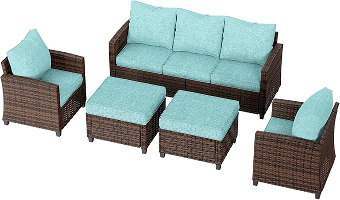 UDPATIO Patio Furniture Set, 5 Pieces Outdoor Sectional Sofa Set, All-Weather Wicker Rattan High Back Patio Conversation Set with Ottoman for Poolside, Backyard, 4" Thick Cushions, Light Blue