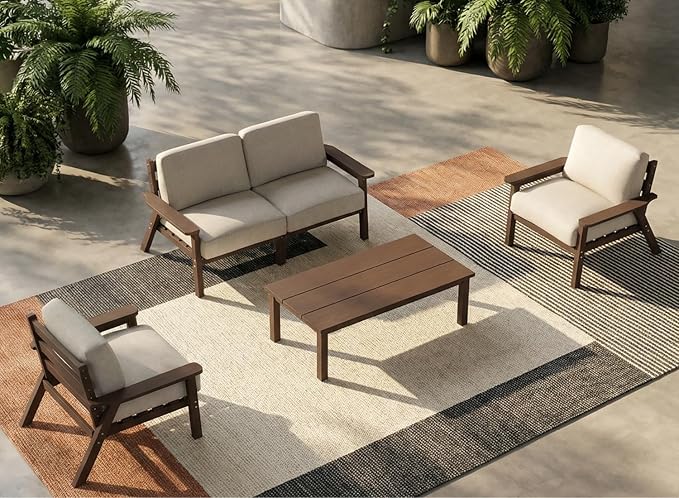HDPE 5 Piece Patio Furniture Set, Outdoor Sectional Furniture with Beige Washable Thick Cushions & Coffee Table, Patio Conversation Sets for Garden, Porch, Balcony, Deck (Brown Frame)
