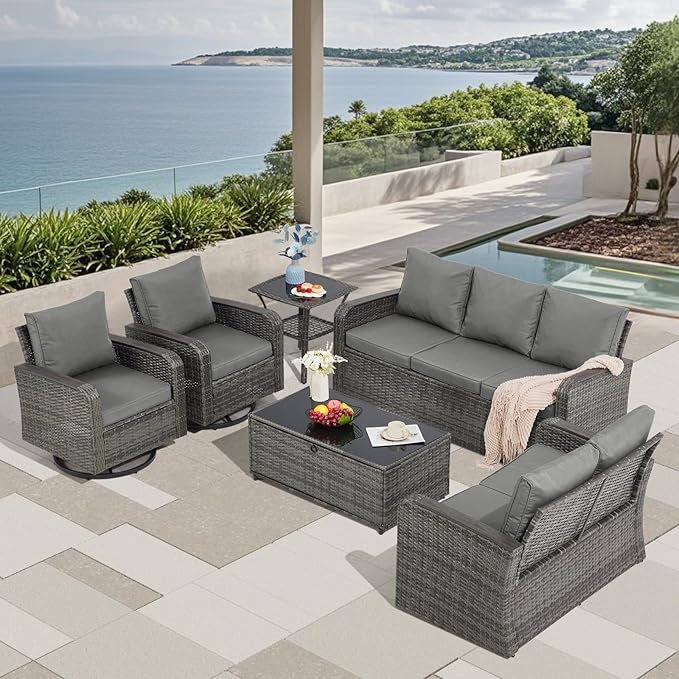 6 Pieces Patio Furniture Sets with Swivel Chairs, Outdoor Furniture Set for Porch Deck Bistro Lawn Garden Backyard Poolsid- Grey Rattan/Grey