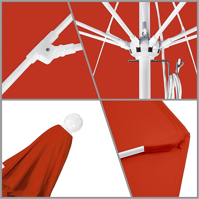 California Umbrella 9' Round Aluminum/Fiberglass Umbrella, Push Open, White Pole, Olefin Sunset Fabric
