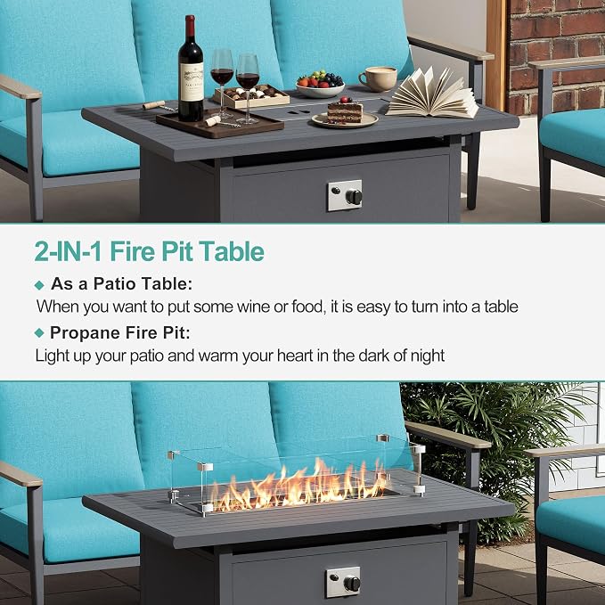 Aluminum Outdoor Patio Furniture Set 5-Seat, Patio Conversation Set Sectional Furniture Set with Swivel Rocking Chairs High Backrest & Thickened Cushions for Garden, Backyard, Poolside, Turquoise