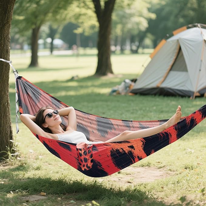 Animal Skin Leopard Red Black 330lb Capacity Camping Hammock Cloth Hammock for Outside Patio Backyard Poolside hamaca con soporte para adultos