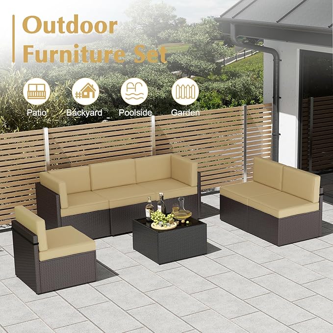 7-Piece Outdoor Patio Furniture Set, Patio Conversation Set, Patio Sectional Sofa Set with Coffee Table & Cushion for Backyard, Balcony, Garden, No-Slip, PE Wicker, Khaki/Brown