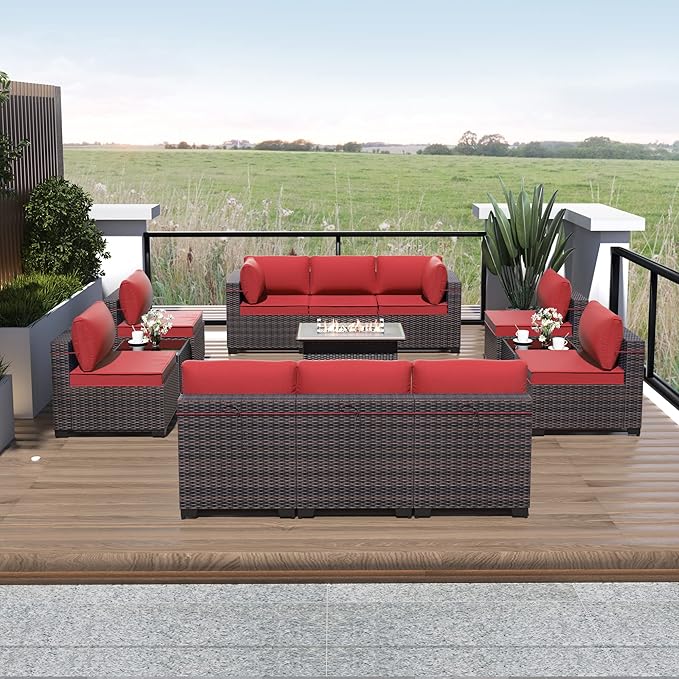 Outdoor Patio Furniture Set with Gas Fire Pit Table, 13 Pieces Outdoor Furniture Set Patio Sectional Sofa w/43in 55000 BTU Propane Fire Pit, PE Wicker Rattan Patio Conversation Sets - Red