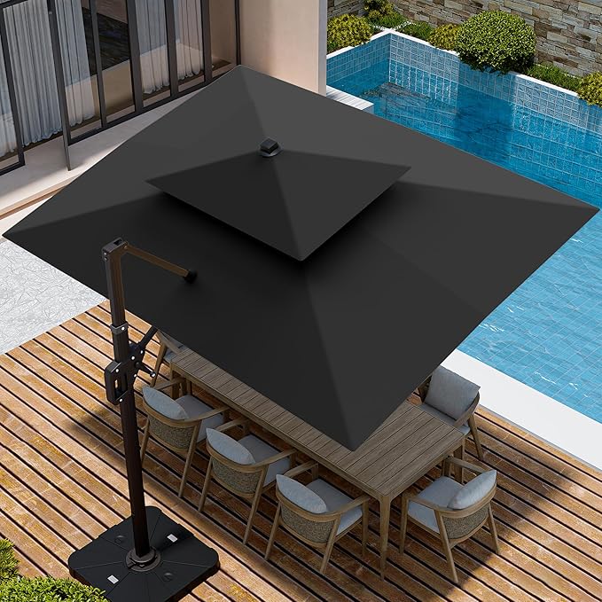 9' X 12' Cantilever Patio Umbrella with Led Lights Double Top Rectangular Outdoor Large Offset Umbrellas with 7 Tilts Adjustable 360°Rotation for Deck Pool Garden Backyard, Grey