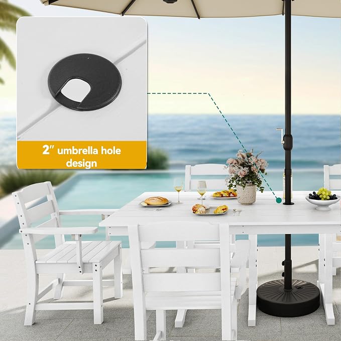DWVO 8 Pcs HDPE Patio Dining Set with 13ft Umbrella, All-Weather White Outdoor Table and Chairs for 6, Heavy Duty Rectangle Pool Deck Furniture for Lawn, UV Resistant Outdoor Dining Set for Backyard