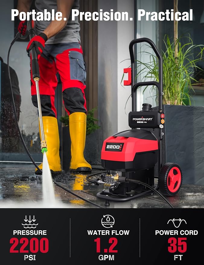 PowerSmart Electric Pressure Washer - 2200 PSI Max 1.2 GPM Power Washer with Wheels, Onboard Soap Tank, 5 Nozzles Set& Metal Wand - Professional High Pressure Cleaner for Cars, Driveways & Patios