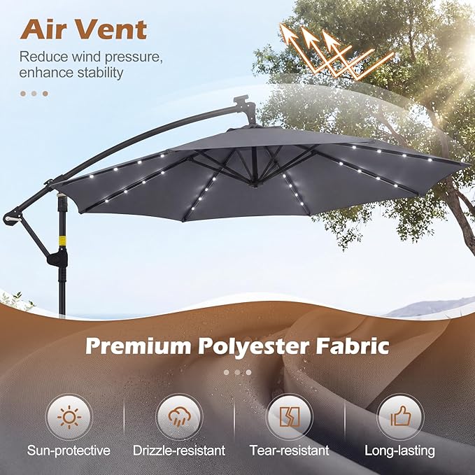Tangkula 10ft Solar Patio Umbrella with Base Included, Offset Cantilever Outdoor Umbrella with 32 LED Lights, 360 Degree Rotation, Crank Handle for Pool Deck Garden Backyard (Gray)