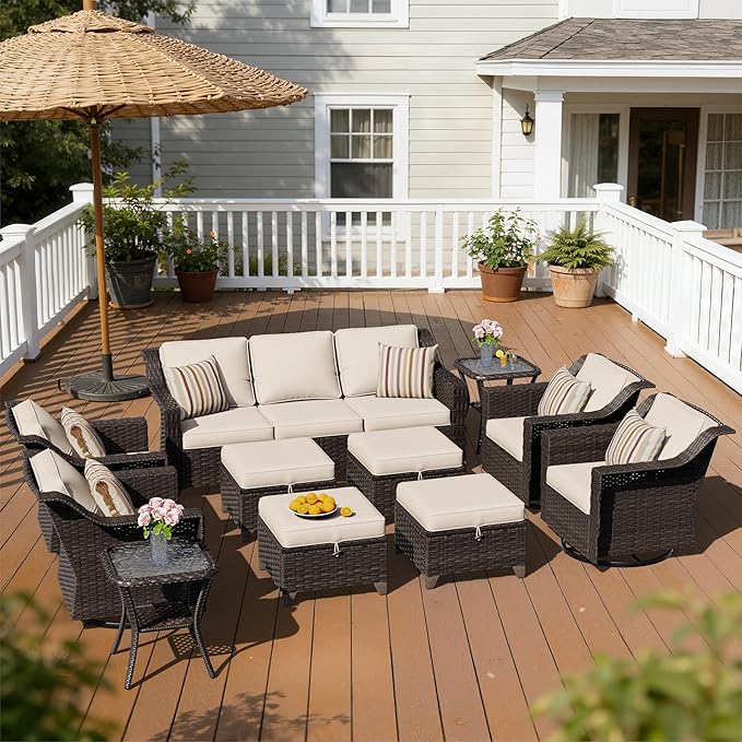 11 Pieces Patio Conversation Furniture Set - 1 Sofa, 4 Ottomans, 4 Swivel Chairs, 2 Side Tables, Outdoor Wicker Furniture with Removable Cushions for Porch, Balcony, Sunroom (Beige)