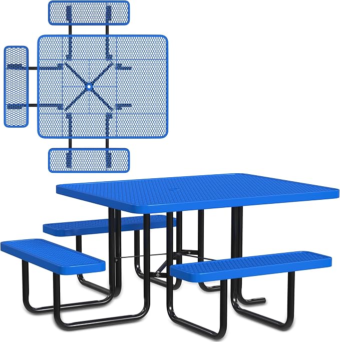 Leisure Craft Metal Picnic Table with Bench - 46" Square Outdoor Dining Table with Umbrella Hole, Heavy Duty Thermoplastic Coating, ADA Compliant, Commercial Grade Furniture Made in USA - Blue