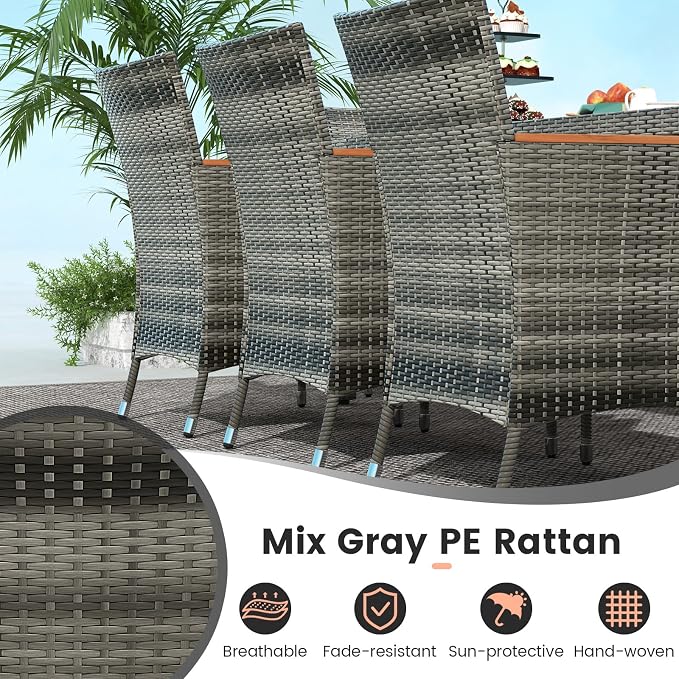 9 Pieces Outdoor Wicker Dining Set with Umbrella Hole, Patio Dining Furniture Set with Acacia Wood Table and Chairs, Garden Dining Table Set for Backyard, Desk, Poolside (Gray)