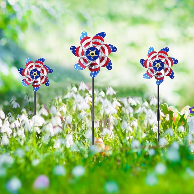 BATTIFE Preassembled Reflective Pinwheels for Yard, American Flag, 10 Pack | Sparkly Reflective Material Spinner, Spins Best in Steady Wind, Animal-Deterrent Results Vary by Placement and Conditions