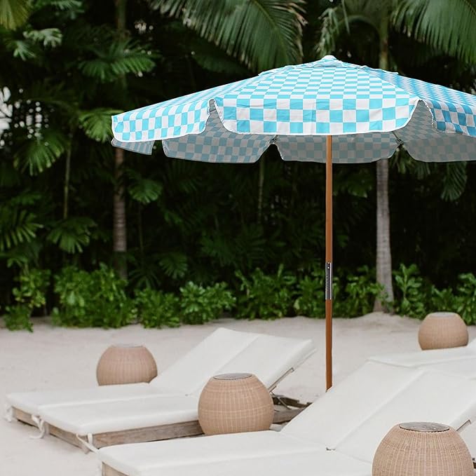 AMMSUN 7.8ft Seashore Umbrella, Outdoor Umbrella, Boho Beach & Patio Umbrella with UV 50+ Air Vent Ash Wood Pole Carry Bag & Water-Resistant Canvas (Blue Check)