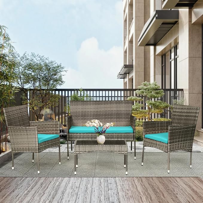 PayLessHere Outdoor Furniture Set 4 Pcs Modular Patio Furniture Set Water Resistant Conversation Set with 3 Rattan Chairs 1 Tempered Glass Topped Table for Patio Poolside, Gray Wicker/Blue Cushions