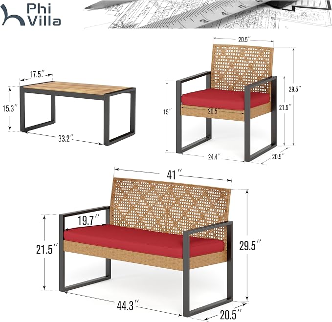 PHI VILLA Wicker Patio Furniture Set for 4, Small Patio Loveseat and Chairs with Acacia Wood Coffee Table, Outdoor Conversation Set with Red Cushion, Front Porch Furniture for Deck, Yard, Garden