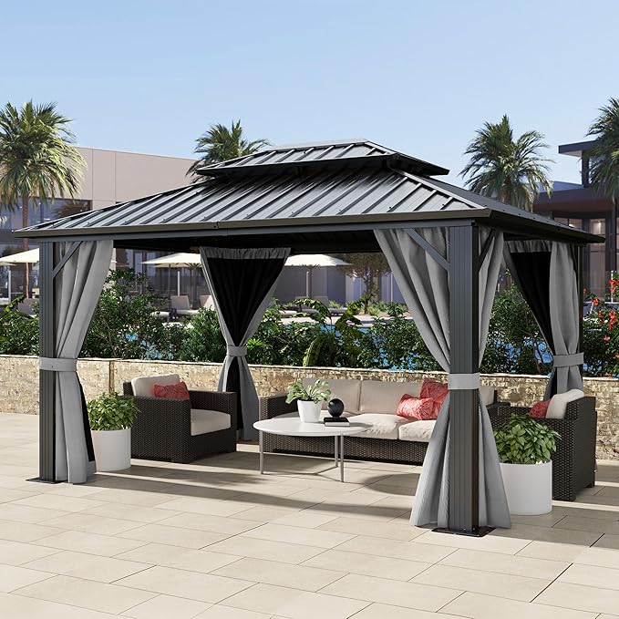 DWVO 10x12ft Hardtop Gazebo Double Roof with Nettings and Curtains, Heavy Duty Galvanized Steel Outdoor Vertical Stripes Roof for Patio, Backyard, Deck, Lawns, Grey