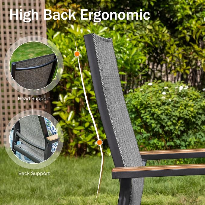 PHI VILLA Round Outdoor Dining Set for 6 with Aluminum Chairs, Grey | Stackbale chairs, Breathable & quick-drying sling, Light-weight & space-saving, Metal Table, Umbrella Hole, Patio deck