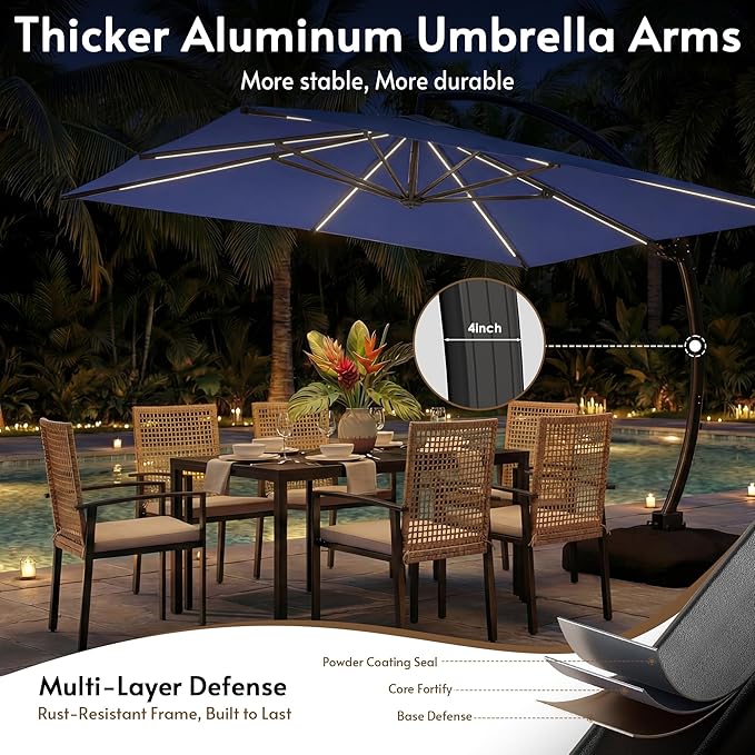 11x11FT Solar Powered LED Light Cantilever Patio Umbrella with Base Included, Large Cantilever Umbrella with 360°Rotation, Heavy-Duty Offset Outdoor Umbrella for Patio,Pool,Backyard (Navy blue)