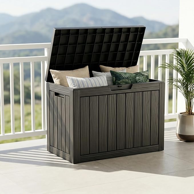 ROJIK Outdoor Storage Box, 55 Gallon Waterproof Deck Box, Weatherproof Resin Outside Storage Bin for Patio Furniture, Garden Tools, Pool Accessories, Cushion, Black