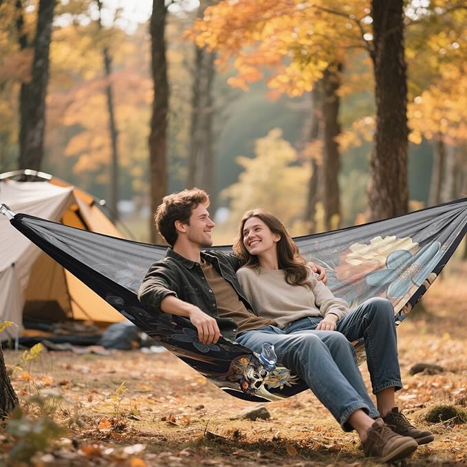 FRMG Skull Floral Hammock 500 lbs Capacity Portable Hammocks with Tree Straps & Attached Carry Bag, Camping Essentials Gear, 2011338a