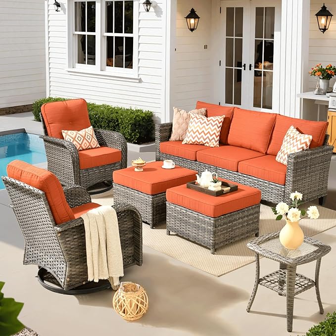 ovios 6 Pieces Patio Furniture Set, Outdoor Wicker Sofa Couch with Rocking Swivel Chairs Comfy Cushions, Modern Deep Seat Rattan Conversation Sets for Deck Porch, Orange Red