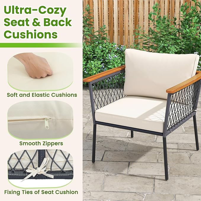 Tangkula 4 Piece Patio Furniture Set, Patiojoy Rattan Chair Set w/ 2-Tier Coffee Table, Acacia Wood Armrests & Tabletop, Soft Seat & Back Cushions, Outdoor Wicker Conversation Set