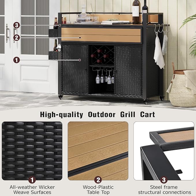 52.8" W Wicker Outdoor Grill Cart with Extended Plastic Wood Table Top, Rolling Kitchen Island on Wheels, Ample Storage, and Double Handle Design – Perfect for Patio, Backyard, and Poolside