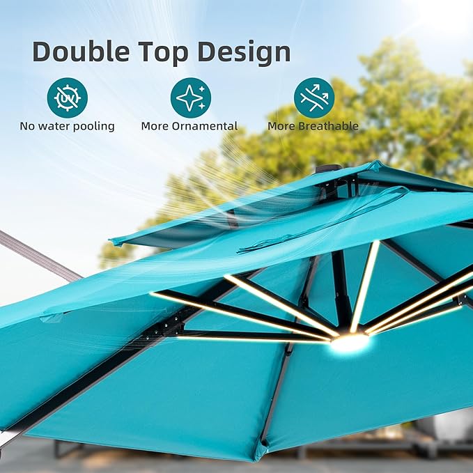 9x12 FT Patio Umbrella with Weighted Base and LED Lights Cantilever Outdoor Large Heavy Duty Rectangle Aluminum Offset Umbrellas Double Top 360 Rotation for Pool Deck Garden, Turquoise