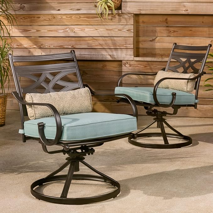 Hanover Montclair 5-Piece Outdoor Dining Set with Stamped Steel Square Dining Table and 4 Swivel Rocker Chairs with Cushions, Weather-Resistant Patio Dining Set for 4, Patio, Backyard, Deck
