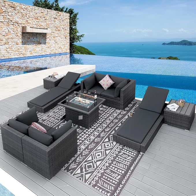 NICESOUL 9 Piece Patio Furniture Set with Firepit, Extra-Large Outdoor Sectional with Chaise Lounge, Comfy 29.3'' High-Back Backyard Seating, All-Weather Couch Set, Modular Sofa for Garden, Dark Grey