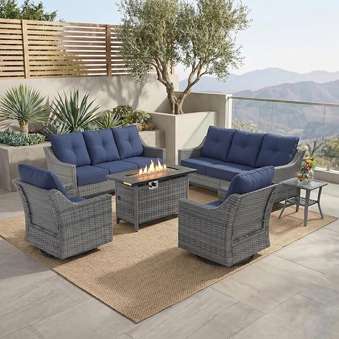 6 Piece Patio Furniture Set with Fire Pit,360°Swivel Patio Chairs Set of 2, Outdoor 2 Sofas,Side Table,Cozy 60,000 BTU Rectangle Fire Pit Table, Wicker Patio Sets with 6 Inch Thick Cushions