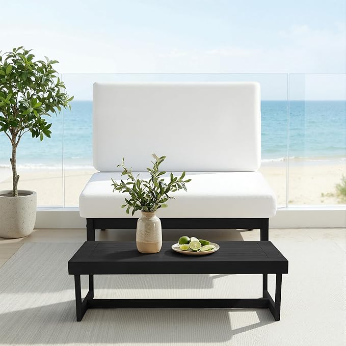 UIXE Black Wood Patio Furniture Sets, 2 Pieces All Weather Patio Loveseat Outdoor Sofa with Solid Wooden Coffee Table - Beige