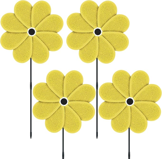 4PCS 11.4" W x 28" H Reflective Pinwheels Sparkly Lawn Wind Spinners Colorful Rainbow Windmill for Garden Decoration Bird Devices Deterrent to Scare Birds Away（Yellow）
