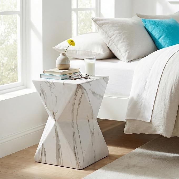 Merax 18.5" H Modern Geometric MGO Side Table, Hourglass Accent Table with Faux Marble Finish - Weather Resistant End Table for Indoor and Outdoor Use, Living Room, Bedroom & Patio, White Marble