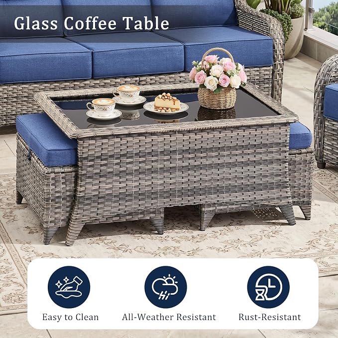 Luxury 6" Thick Cushion 11 Pieces Wicker Patio Furniture Set with High Back Swivel Rocker Chairs of 4, Outdoor Conversation Set with Patio Couch for Deck Porch Yard and Poolside