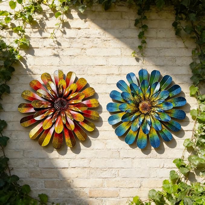 2 Pack Metal Flower Wall Decor, Hand-Painted Farmhouse Hanging Wall Art | 12 inch floral metal wall hanging with built-in hooks. Indoor & outdoor decor, garden farmhouse decoration.