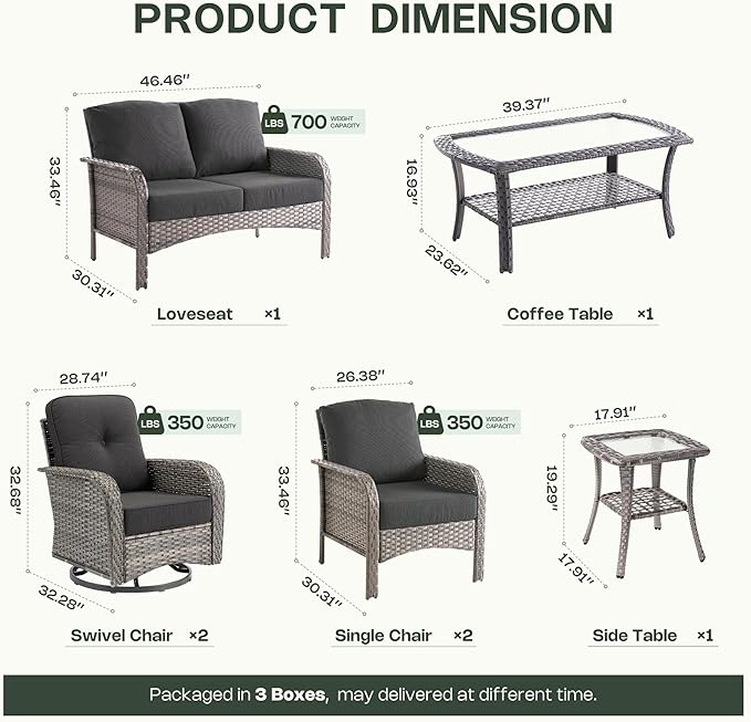 7-Piece Patio Furniture Set, Outdoor Wicker Furniture with Coffee Table, High Back Swivel Rocker Patio Chairs, Modern Rattan Outdoor Chairs Conversation Set for Porch, Balcony, Garden, Black