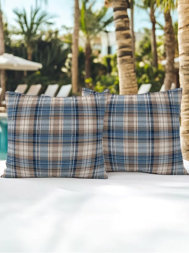 Waterproof Outdoor Pillow Set of 2 Beige Checked Plaid Decorative Throw Pillows Cover & Insert 18x18 Inch Pillowcase Stripes Woven Grid Square Pillows for Couch Sofa Bed Patio Furniture Indoor Outdoor