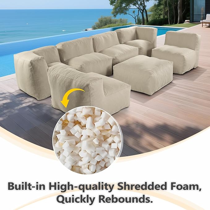 Patio Furniture Set, 7 Pcs Outdoor Conversation Set with Bean Bag Middle Chairs, Corner Chair, Ottomans, Modern Foam Couch Set for Garden, Deck, Balcony (7, Light Beige)