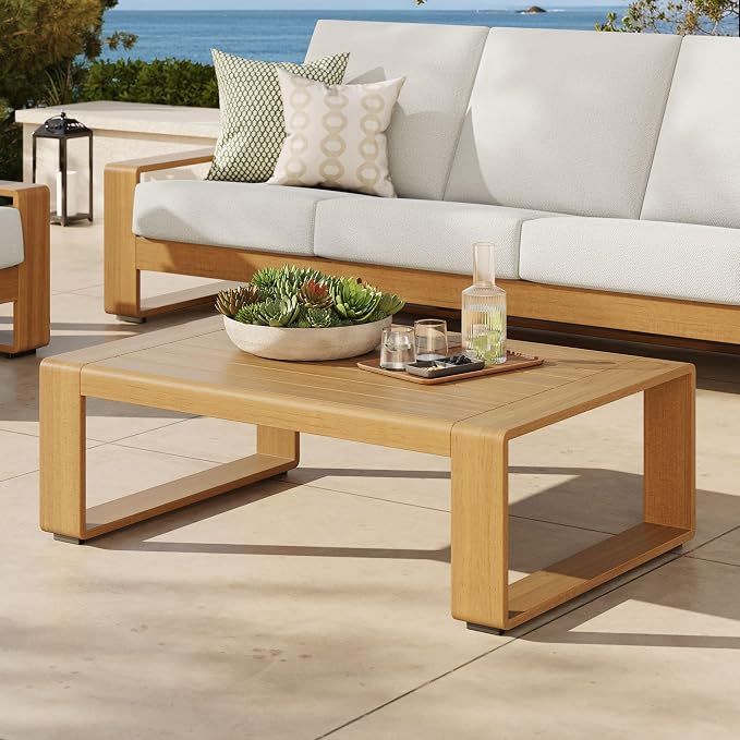 Modway Lirienne Aluminum Faux Wood Outdoor Coffee Table in Natural - 47 Inch Weather-Resistant Modern Rectangle Patio Table with Slatted Top